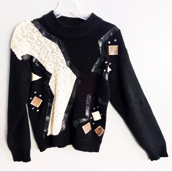 Sweaters - Vintage 80s Oversized Geometric Sweater Black S